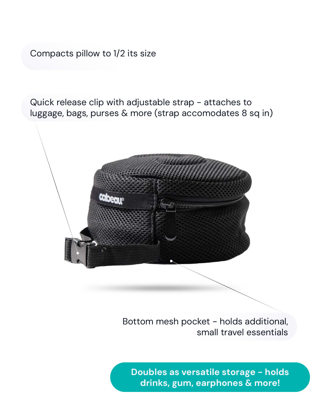 Black travel pillow with feature details including: "Compacts pillow to half its size", Quick release clip with adjustable strap - attaches to luggage, bags, purses, and more (strap accommodates 8 square inches), bottom mesh pocket holds additional small travel essentials, and it doubles as a versatile storage - homes drinks, gum, earbuds, and more.