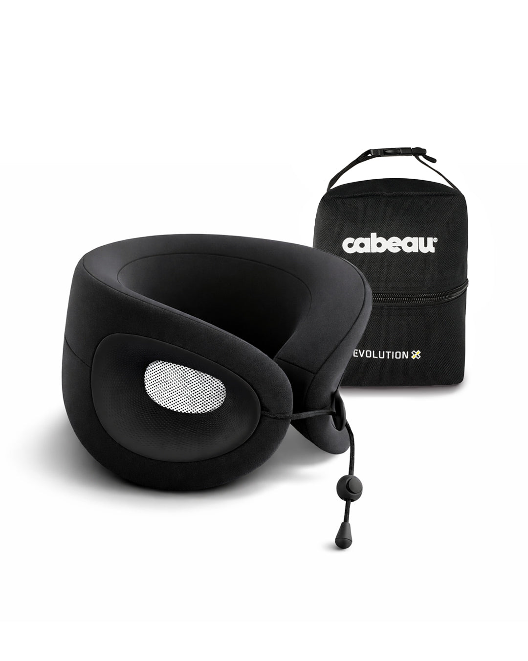 Black neck pillow with a carrying case on a white background