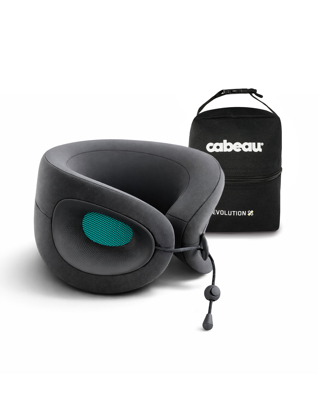 Teal and grey travel neck pillow and black carrying case on a white background