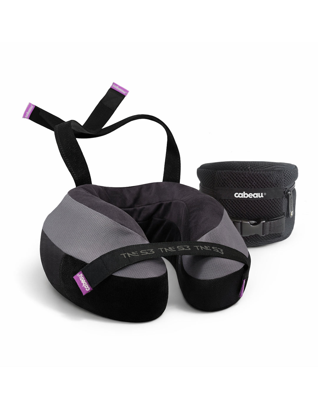 Black and gray travel neck pillow with a deluxe travel carrying case