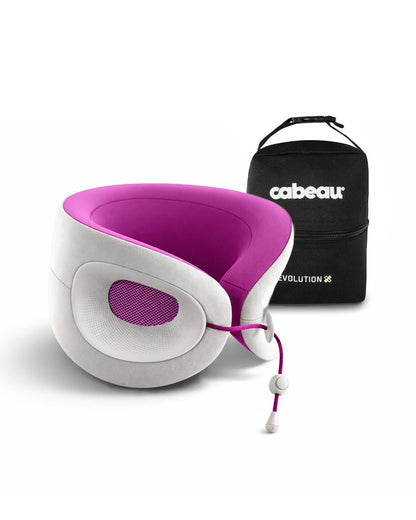 Purple and heather grey travel neck pillow with a black carrying case on a white background