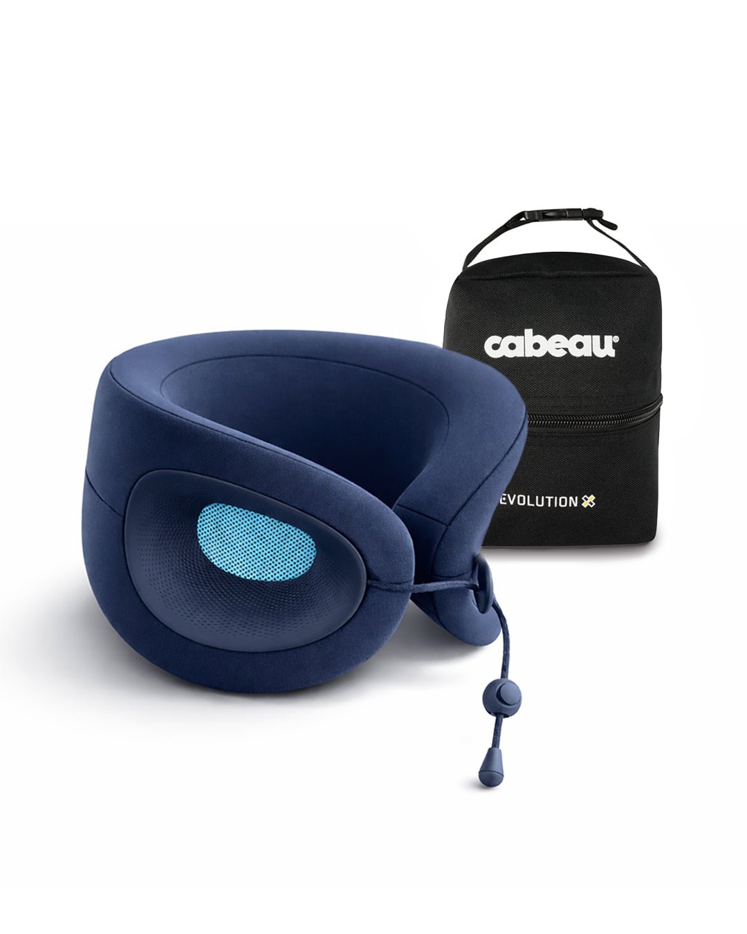 Blue travel pillow with a black carrying case on a white background