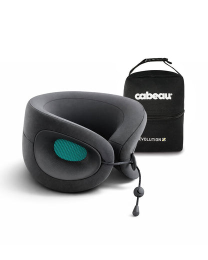 Teal and grey travel neck pillow and black carrying case on a white background