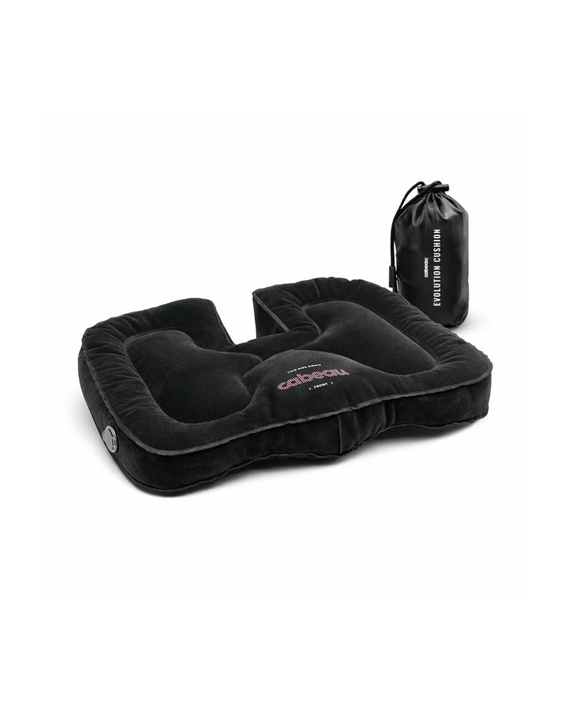 Evolution Cushion - black inflatable cushion with compact travel case. 
