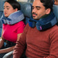 Evolution Earth Deluxe Neck Pillow - Woman wearing Water pillow (light/medium blue) . Man wearing Terra pillow (dark blue/green) on airplane