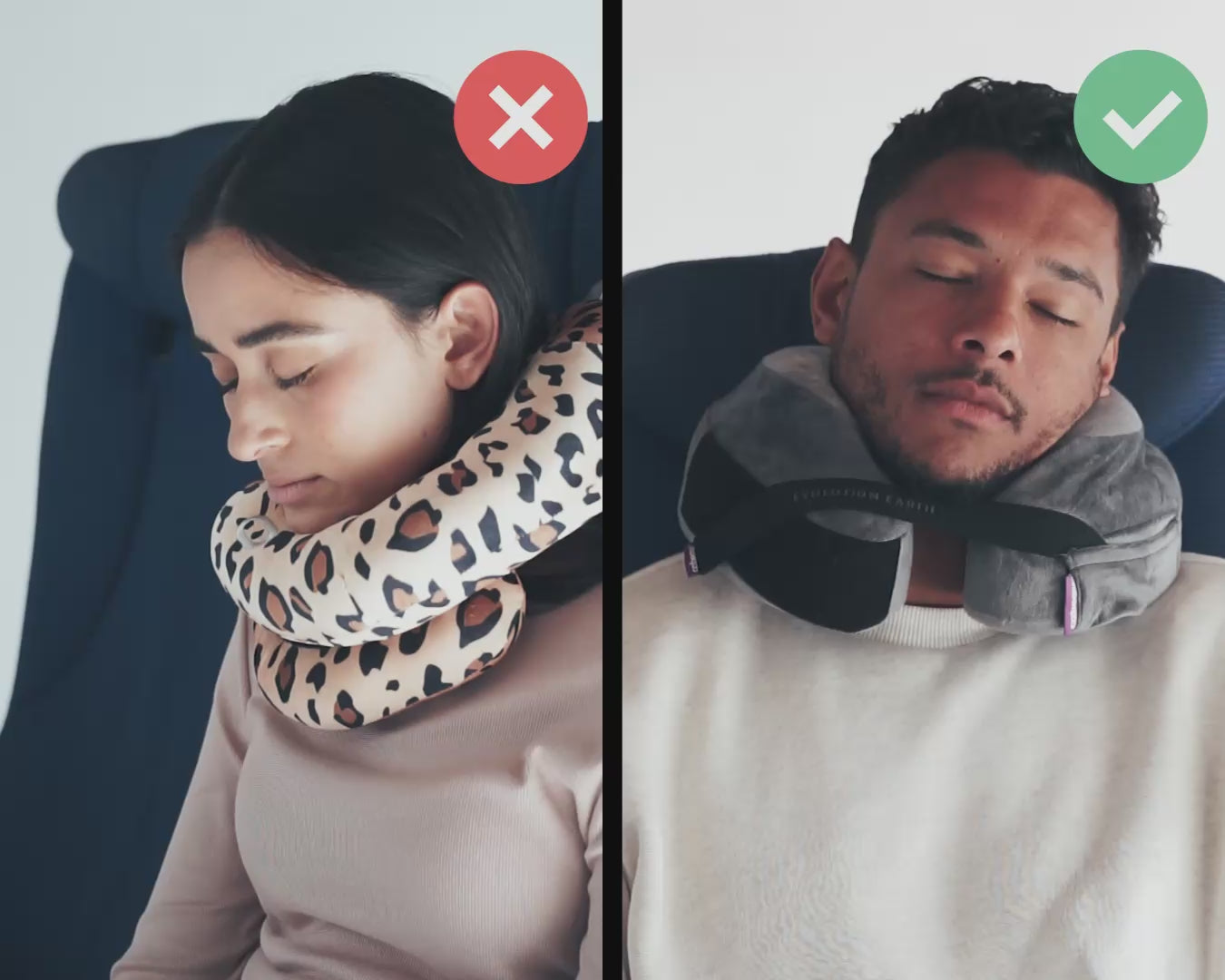 Ladda video: Cabeau's sustainable Evolution Earth Deluxe pillow showing a passenger comfortably in an airplane seat,  in contrast to competitor pillows with lack of support