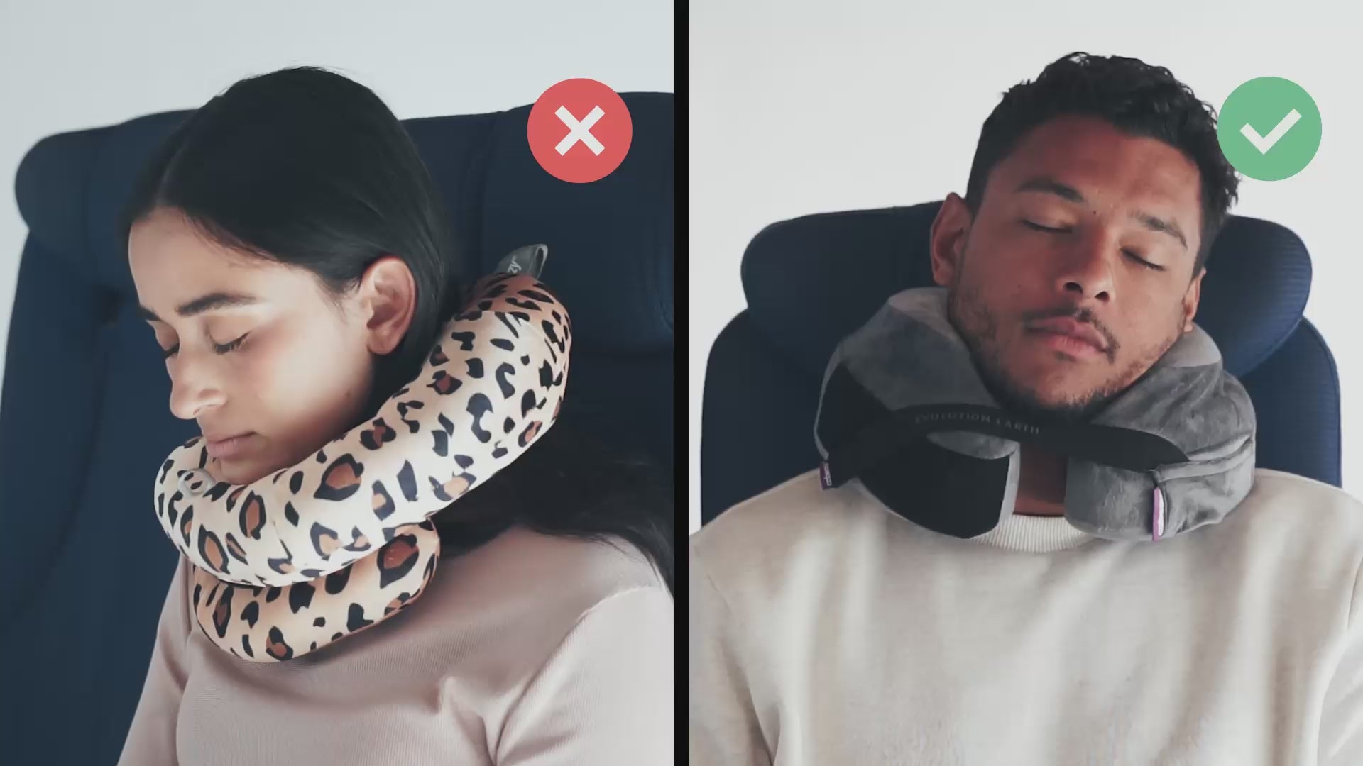 Ladda video: Cabeau's sustainable Evolution Earth Deluxe pillow showing a passenger comfortably in an airplane seat,  in contrast to competitor pillows with lack of support