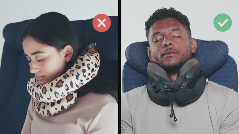 Cabeau's Evolution Cool neck pillow showing a passenger comfortably in an airplane seat,  in contrast to competitor pillows with lack of support